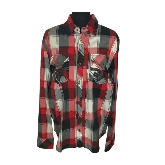 AFFLICTION Black Premium Men Button Front Slim Shirt Checker Sz M Red Black 55-4